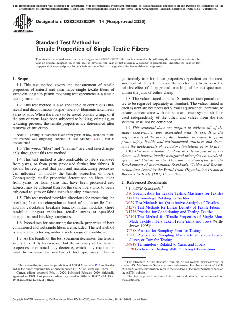 ASTM D3822/D3822M-14(2020) - Standard Test Method for  Tensile Properties of Single Textile Fibers