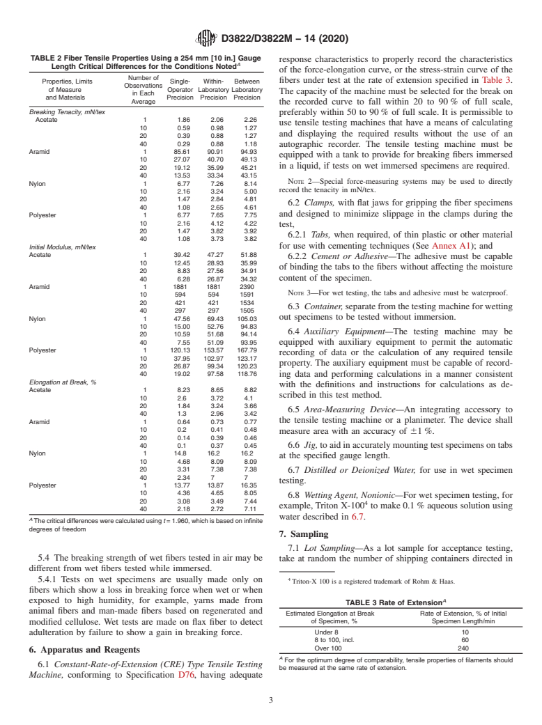 ASTM D3822/D3822M-14(2020) - Standard Test Method for  Tensile Properties of Single Textile Fibers