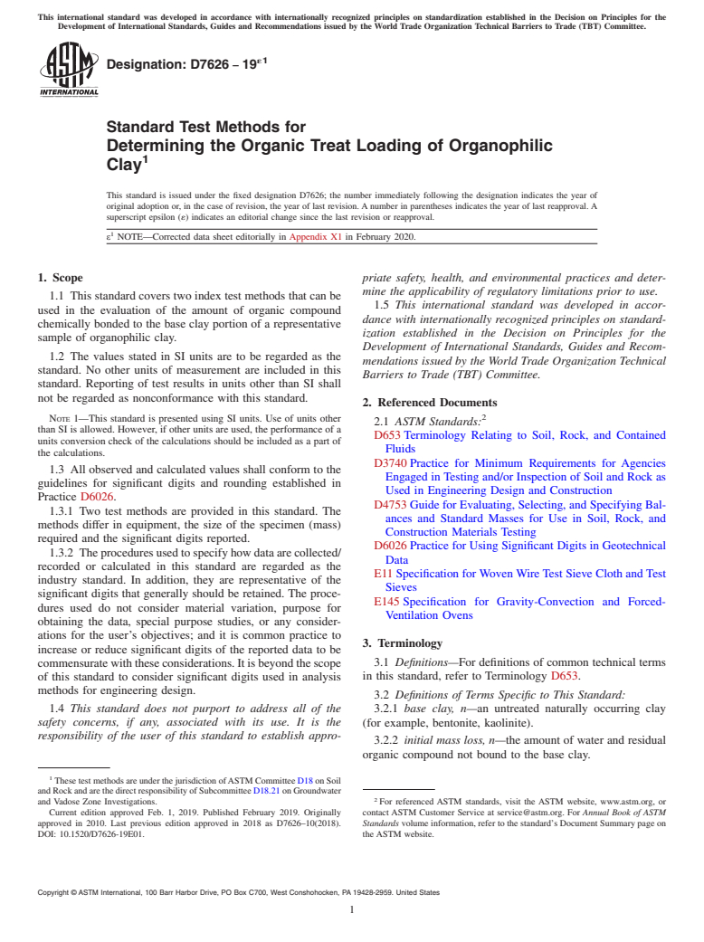 ASTM D7626-19e1 - Standard Test Methods for Determining the Organic Treat Loading of Organophilic Clay