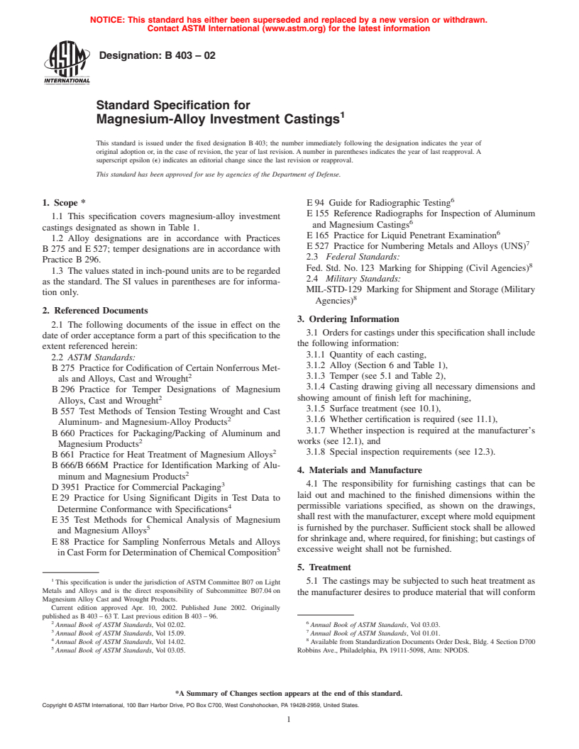 ASTM B403-02 - Standard Specification for Magnesium-Alloy Investment Castings