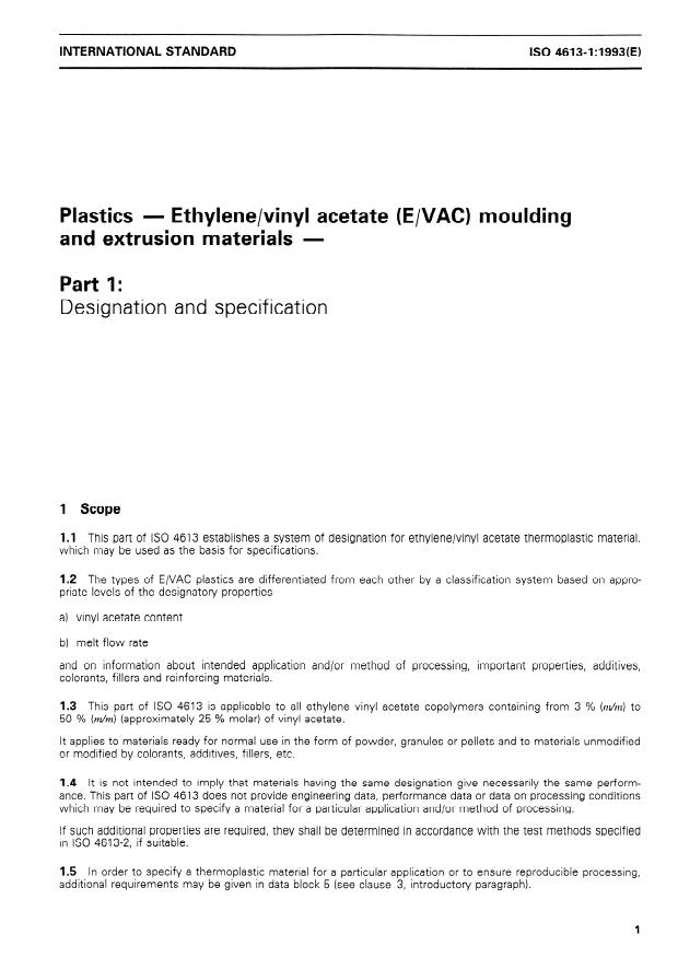 ISO 4613-1:1993 - Plastics -- Ethylene/vinyl acetate (E/VAC) moulding and extrusion materials