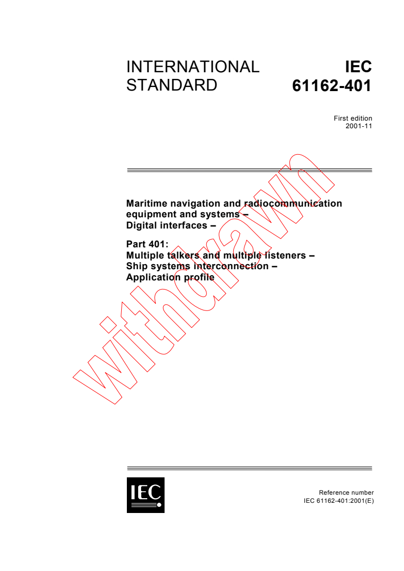 IEC 61162-401:2001 - Maritime navigation and radiocommunication equipment and systems - Digital interfaces - Part 401: Multiple talkers and multiple listeners - Ship systems interconnection - Application profile
Released:11/27/2001
Isbn:2831860822