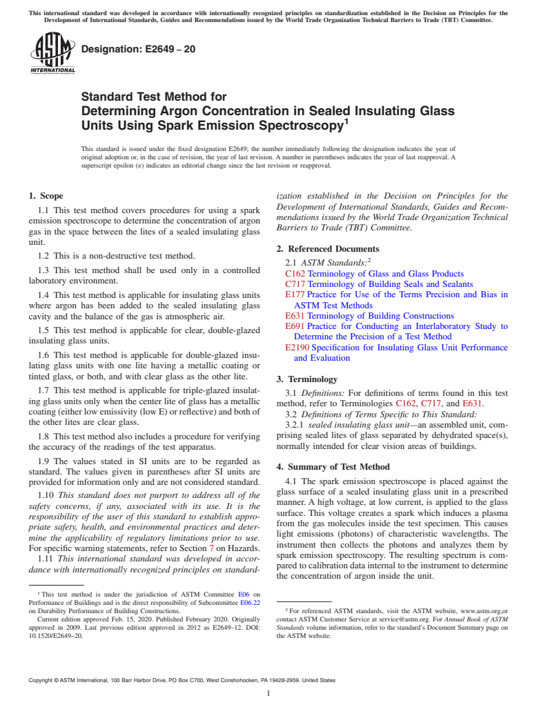 ASTM E2649-20 - Standard Test Method for Determining Argon Concentration in Sealed Insulating Glass  Units Using Spark Emission Spectroscopy