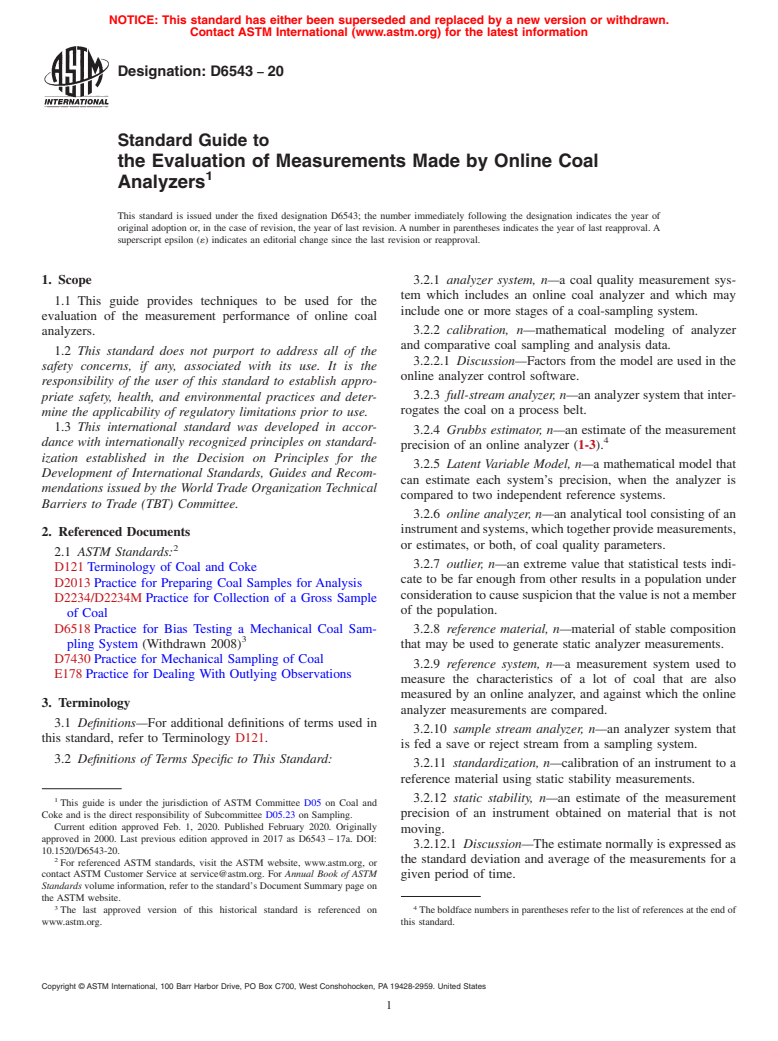 ASTM D6543-20 - Standard Guide to  the Evaluation of Measurements Made by Online Coal Analyzers