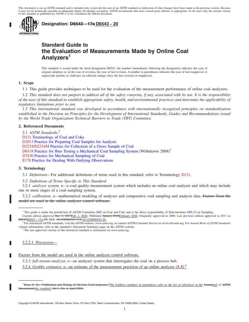 REDLINE ASTM D6543-20 - Standard Guide to  the Evaluation of Measurements Made by Online Coal Analyzers