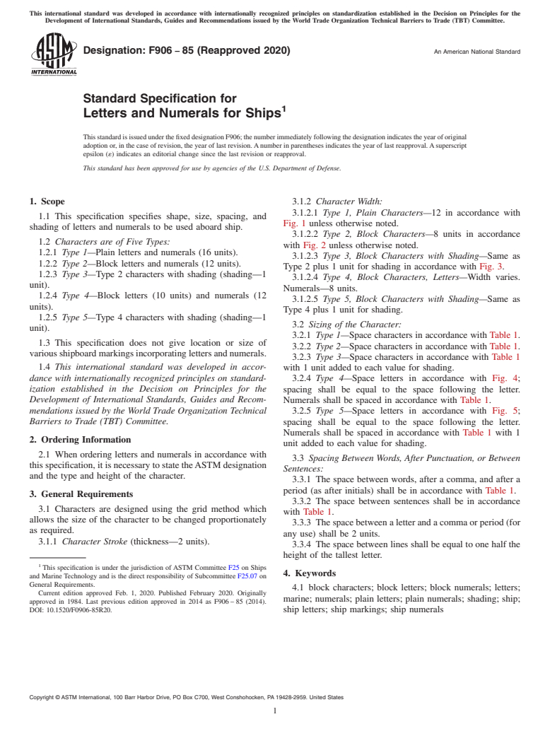 ASTM F906-85(2020) - Standard Specification for  Letters and Numerals for Ships