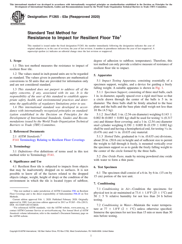 ASTM F1265-03a(2020) - Standard Test Method for  Resistance to Impact for Resilient Floor Tile