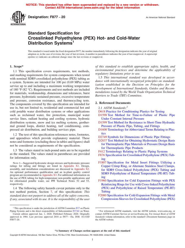 ASTM F877-20 - Standard Specification for  Crosslinked Polyethylene (PEX) Hot- and Cold-Water Distribution   Systems