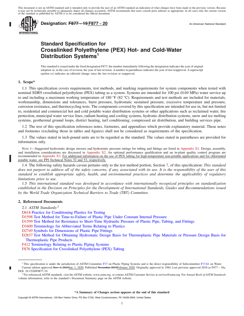 REDLINE ASTM F877-20 - Standard Specification for  Crosslinked Polyethylene (PEX) Hot- and Cold-Water Distribution   Systems