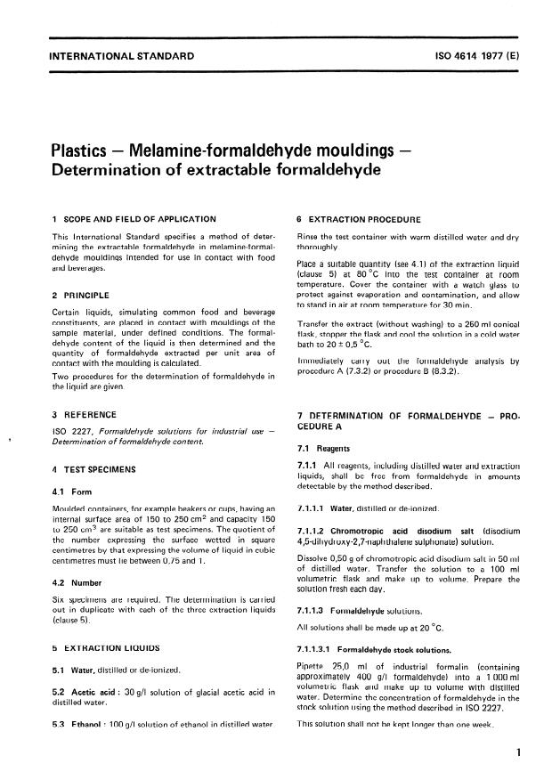 ISO 4614:1977 - Plastics -- Melamine-formaldehyde mouldings -- Determination of extractable formaldehyde