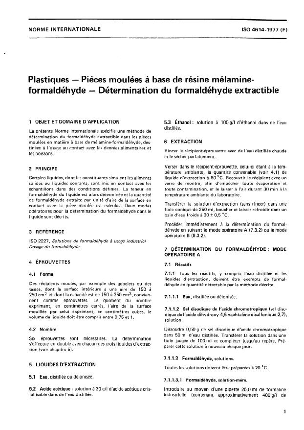 ISO 4614:1977 - Plastiques -- Pieces moulées a base de résine mélamine-formaldéhyde -- Détermination du formaldéhyde extractible