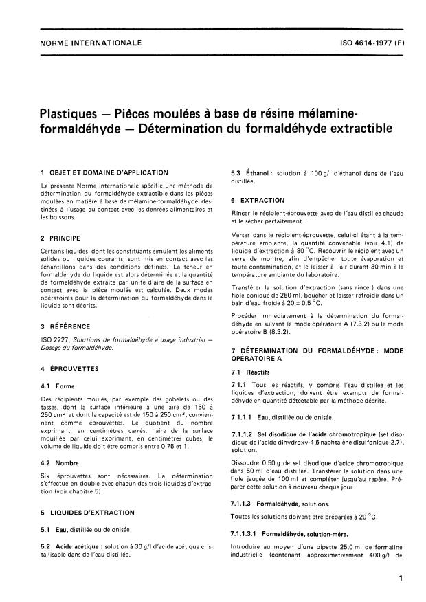 ISO 4614:1977 - Plastiques -- Pieces moulées a base de résine mélamine-formaldéhyde -- Détermination du formaldéhyde extractible