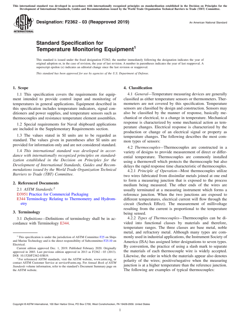 ASTM F2362-03(2019) - Standard Specification for  Temperature Monitoring Equipment