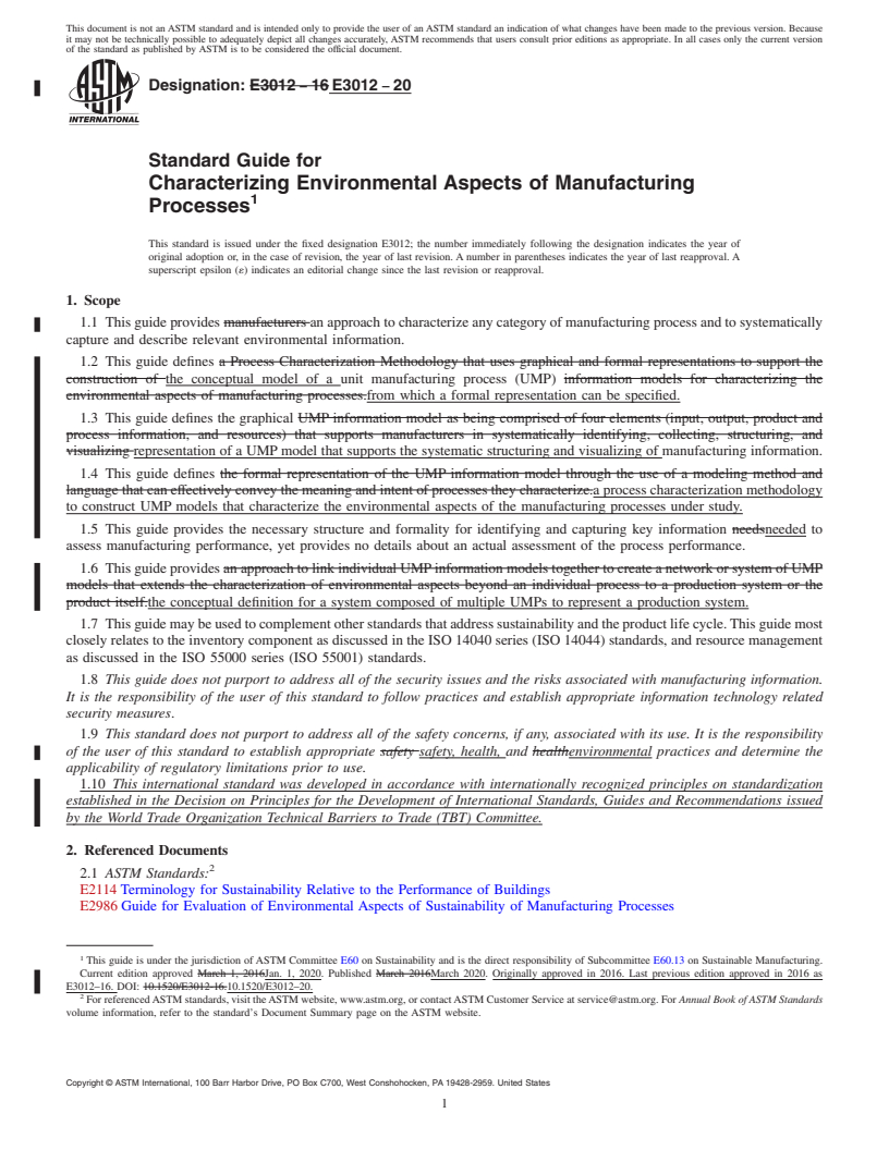 REDLINE ASTM E3012-20 - Standard Guide for Characterizing Environmental Aspects of Manufacturing Processes