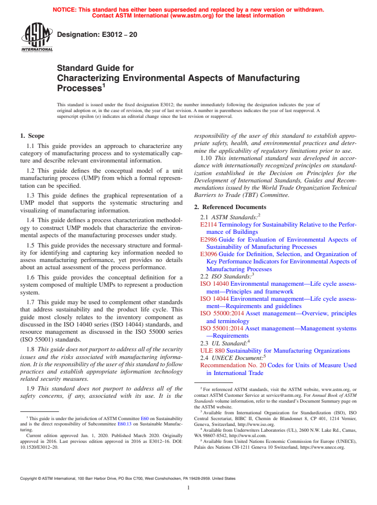 ASTM E3012-20 - Standard Guide for Characterizing Environmental Aspects of Manufacturing Processes