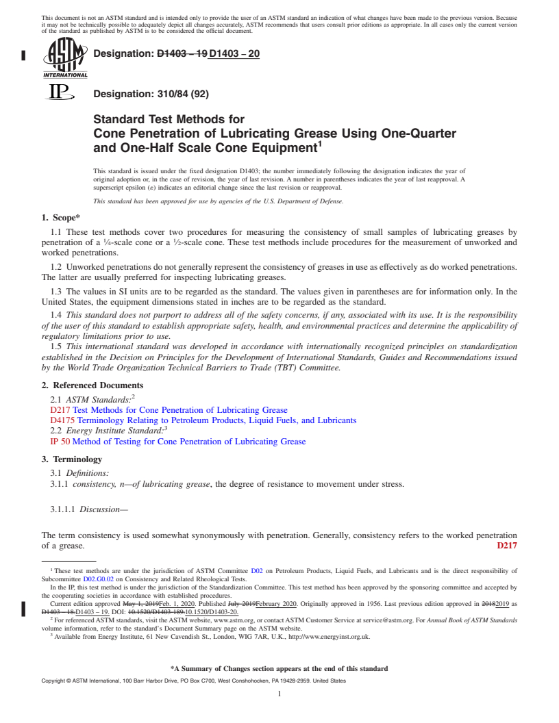 REDLINE ASTM D1403-20 - Standard Test Methods for  Cone Penetration of Lubricating Grease Using One-Quarter and  One-Half Scale Cone Equipment