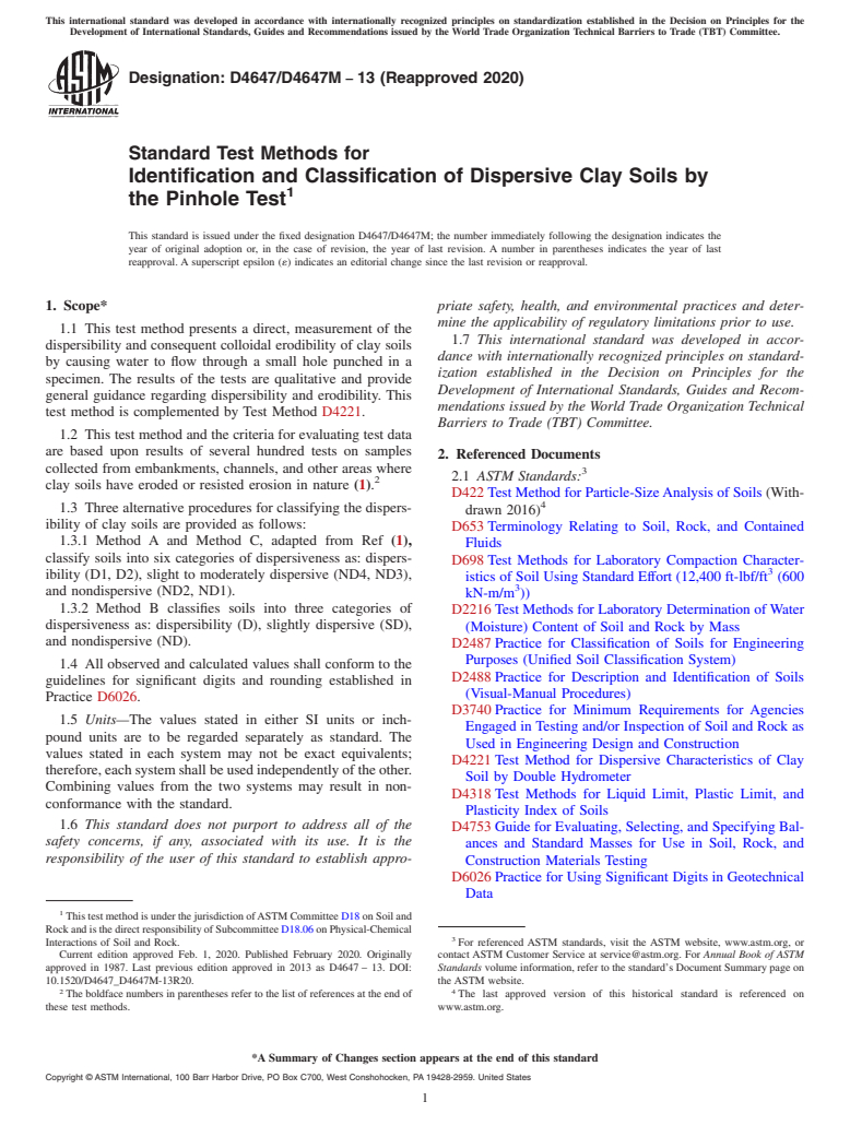 ASTM D4647/D4647M-13(2020) - Standard Test Methods for  Identification and Classification of Dispersive Clay Soils   by the Pinhole Test