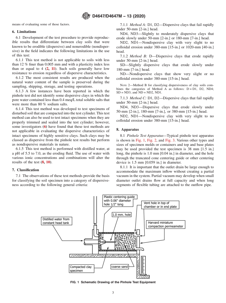 ASTM D4647/D4647M-13(2020) - Standard Test Methods for  Identification and Classification of Dispersive Clay Soils   by the Pinhole Test