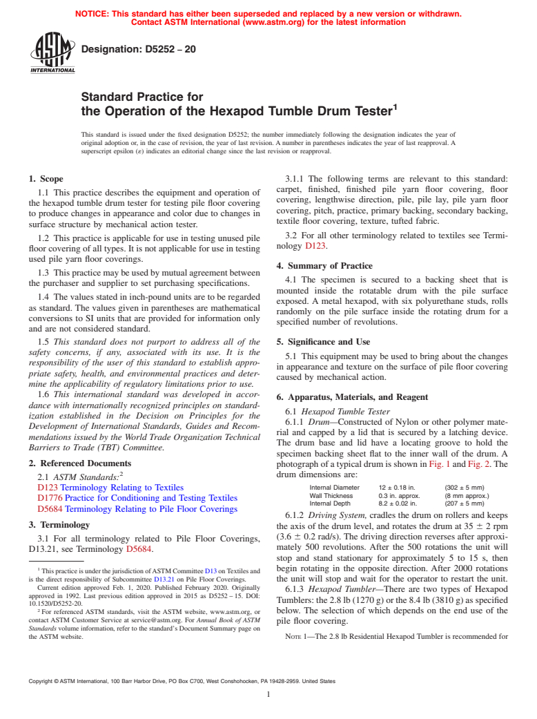 ASTM D5252-20 - Standard Practice for  the Operation of the Hexapod Tumble Drum Tester