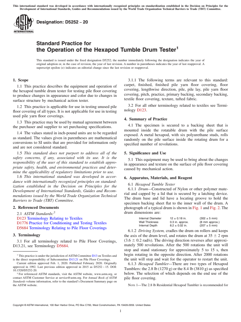 ASTM D5252-20 - Standard Practice for  the Operation of the Hexapod Tumble Drum Tester