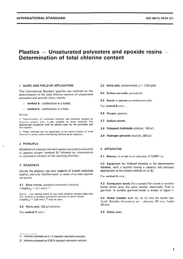 ISO 4615:1979 - Plastics -- Unsaturated polyesters and epoxide resins -- Determination of total chlorine content