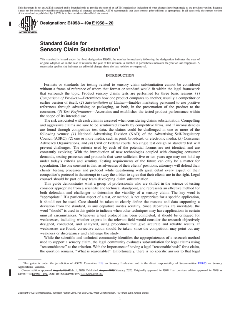 REDLINE ASTM E1958-20 - Standard Guide for Sensory Claim Substantiation