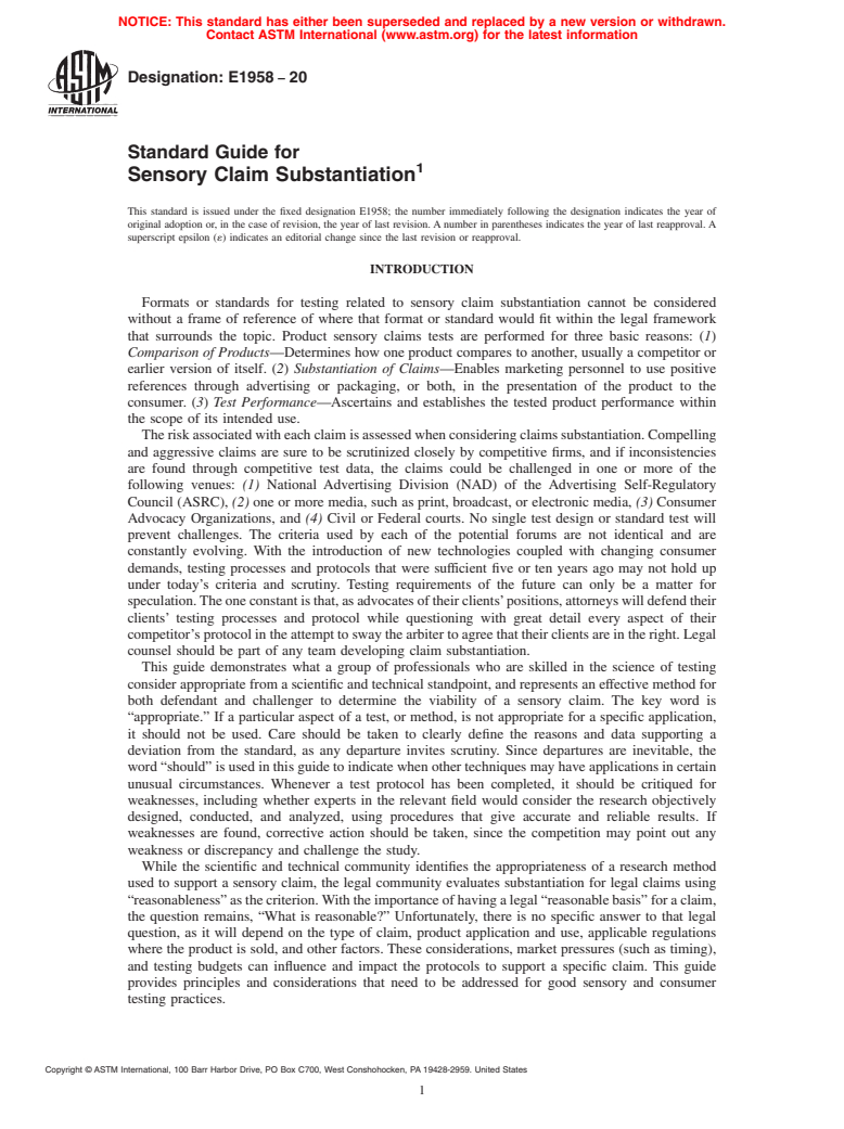 ASTM E1958-20 - Standard Guide for Sensory Claim Substantiation