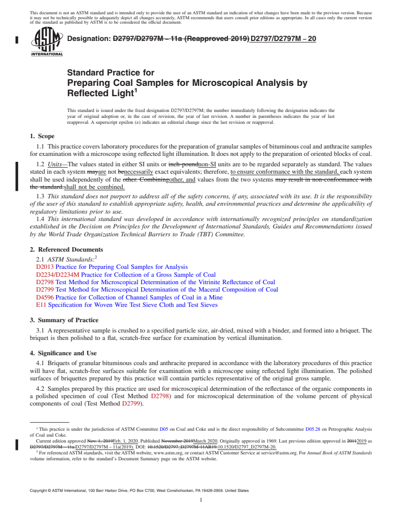 REDLINE ASTM D2797/D2797M-20 - Standard Practice for  Preparing Coal Samples for Microscopical Analysis by Reflected  Light