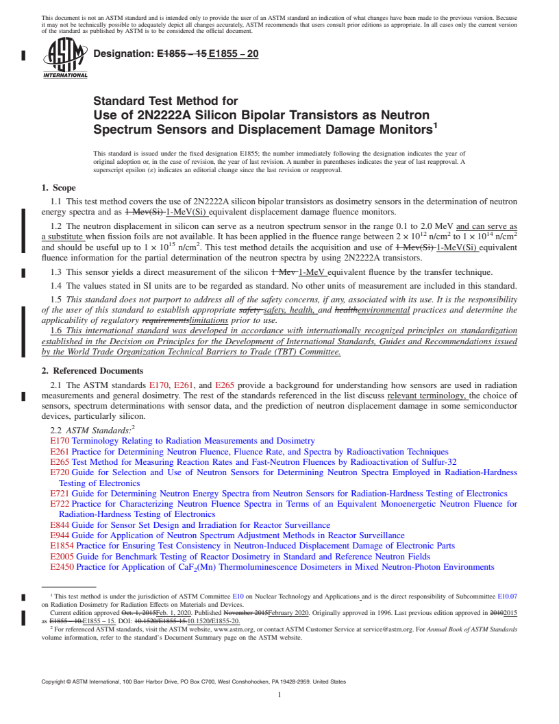 REDLINE ASTM E1855-20 - Standard Test Method for  Use of 2N2222A Silicon Bipolar Transistors as Neutron Spectrum  Sensors and Displacement Damage Monitors