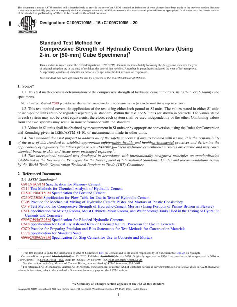 REDLINE ASTM C109/C109M-20 - Standard Test Method for  Compressive Strength of Hydraulic Cement Mortars (Using 2-in.  or [50-mm] Cube Specimens)