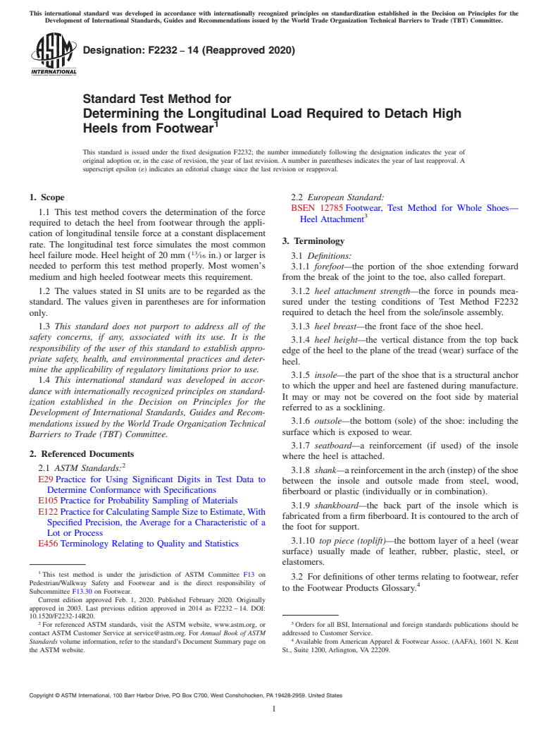 ASTM F2232-14(2020) - Standard Test Method for Determining the Longitudinal Load Required to Detach High Heels  from Footwear