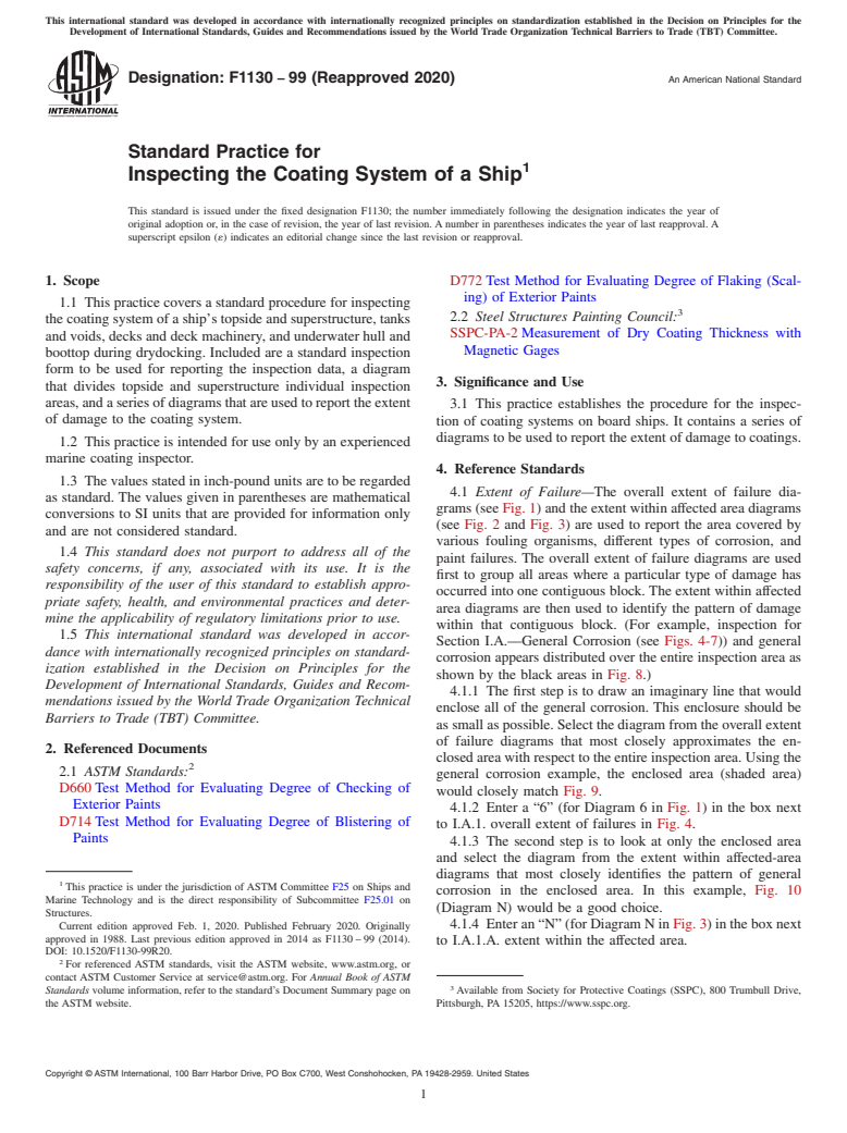 ASTM F1130-99(2020) - Standard Practice for Inspecting the Coating System of a Ship