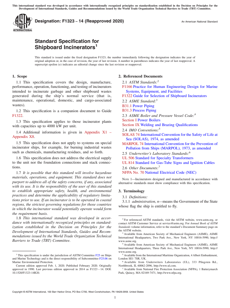 ASTM F1323-14(2020) - Standard Specification for  Shipboard Incinerators