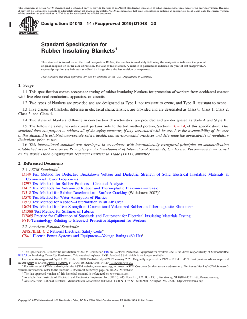 REDLINE ASTM D1048-20 - Standard Specification for  Rubber Insulating Blankets