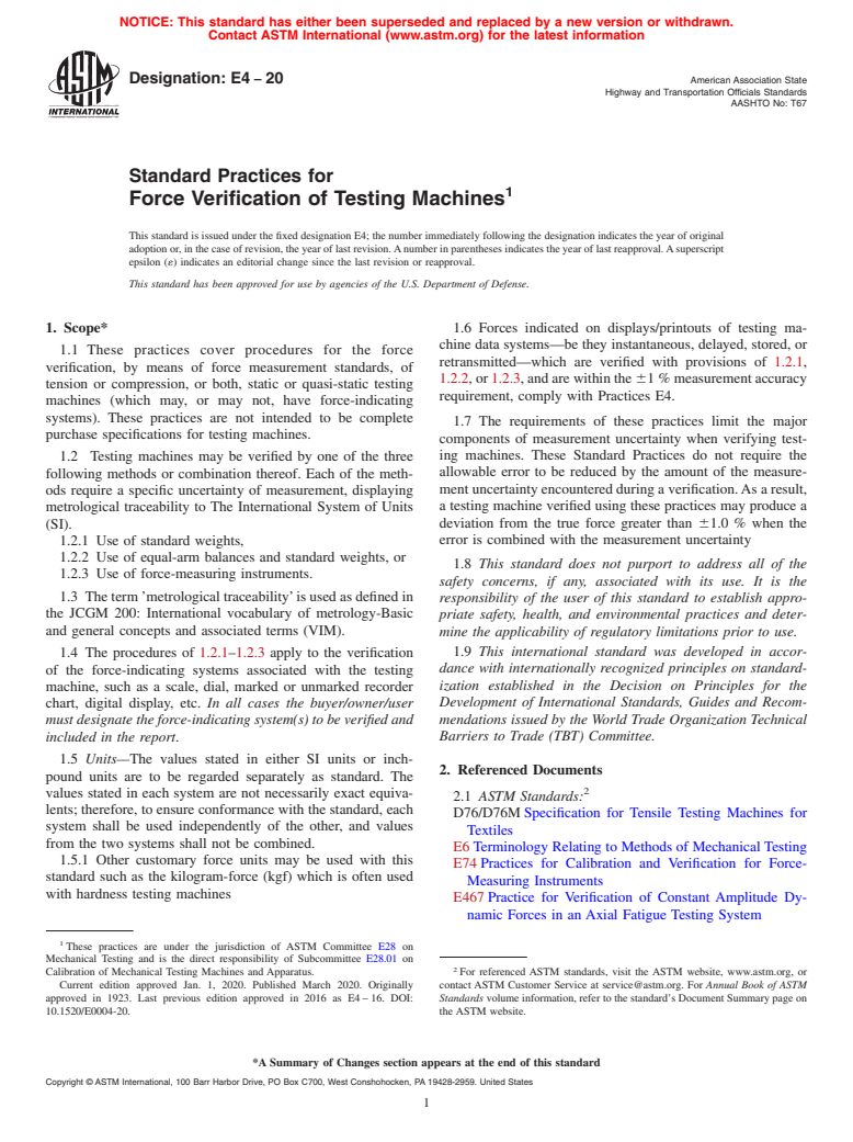 ASTM E4-20 - Standard Practices for  Force Verification of Testing Machines