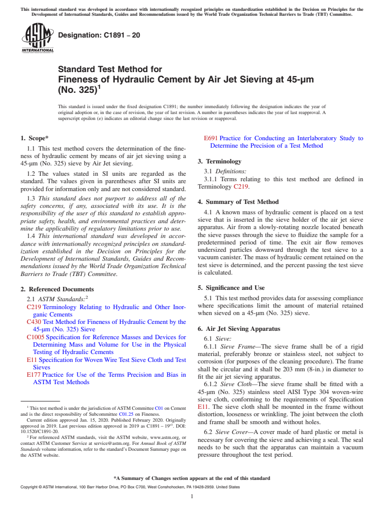 ASTM C1891-20 - Standard Test Method for  Fineness of Hydraulic Cement by Air Jet Sieving at 45-&#xb5;m  (No. 325)