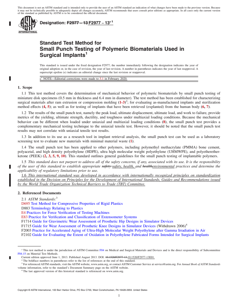 REDLINE ASTM F2977-13e1 - Standard Test Method for Small Punch Testing of Polymeric Biomaterials Used in Surgical  Implants