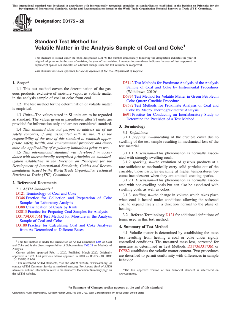 ASTM D3175-20 - Standard Test Method for  Volatile Matter in the Analysis Sample of Coal and Coke