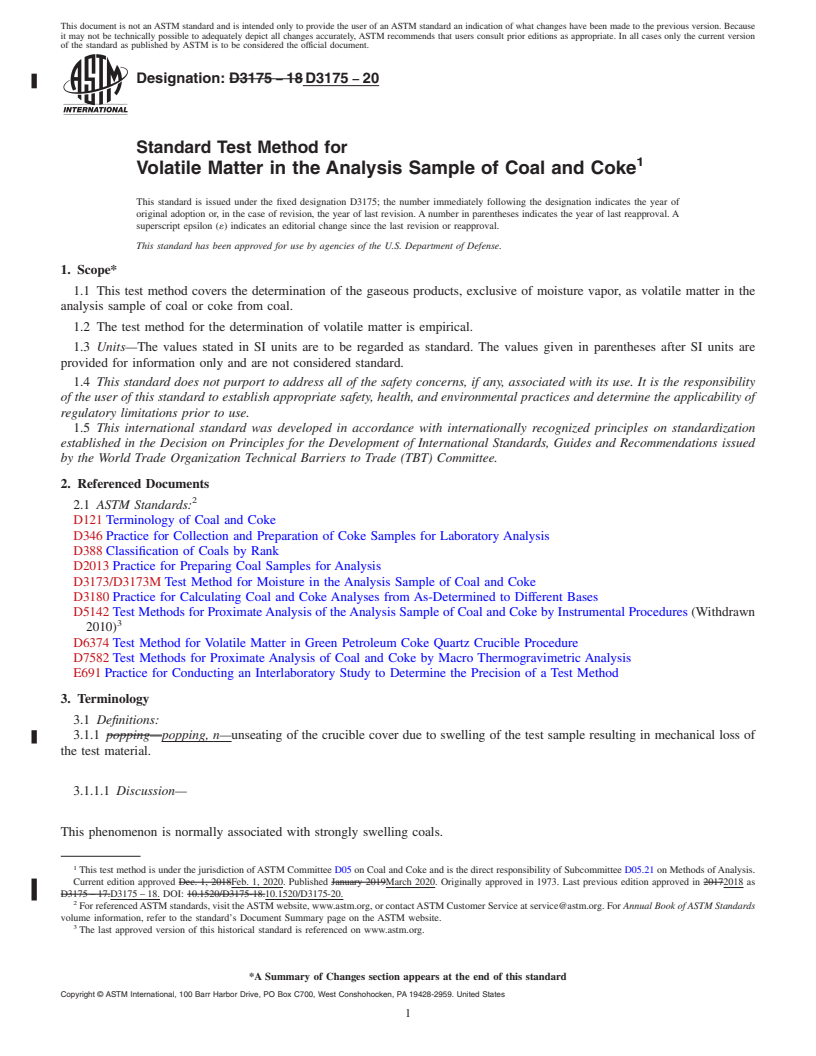 REDLINE ASTM D3175-20 - Standard Test Method for  Volatile Matter in the Analysis Sample of Coal and Coke
