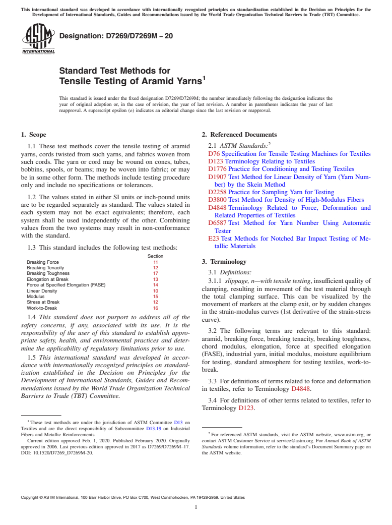ASTM D7269/D7269M-20 - Standard Test Methods for  Tensile Testing of Aramid Yarns