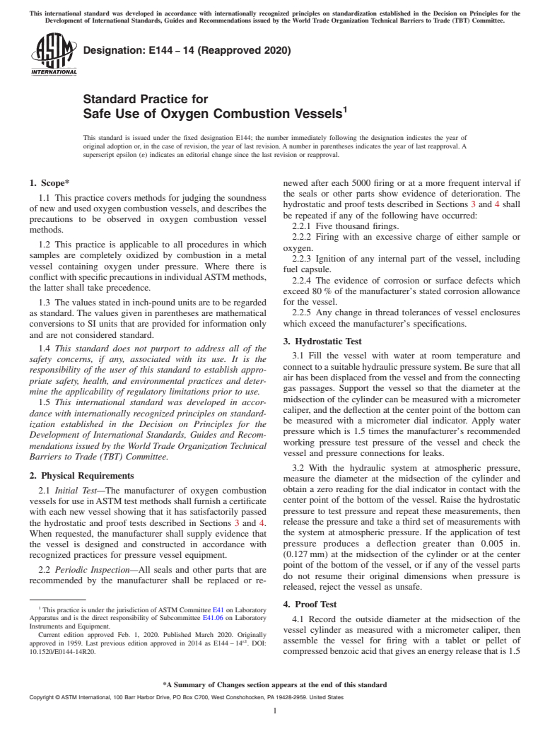 ASTM E144-14(2020) - Standard Practice for  Safe Use of Oxygen Combustion Vessels