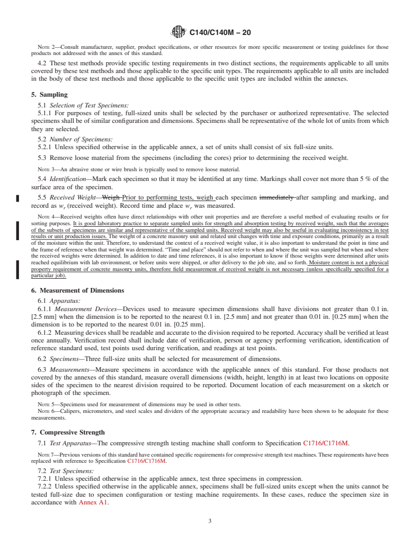 REDLINE ASTM C140/C140M-20 - Standard Test Methods for  Sampling and Testing Concrete Masonry Units and Related Units