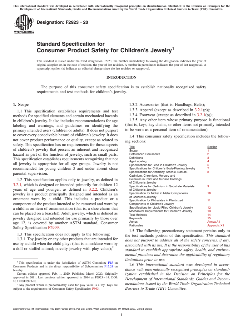 ASTM F2923-20 - Standard Specification for Consumer Product Safety for Children&#x2019;s Jewelry