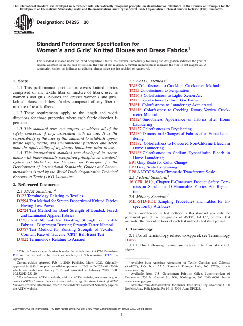 ASTM D4235-20 - Standard Performance Specification for  Women's and Girls' Knitted Blouse and Dress Fabrics