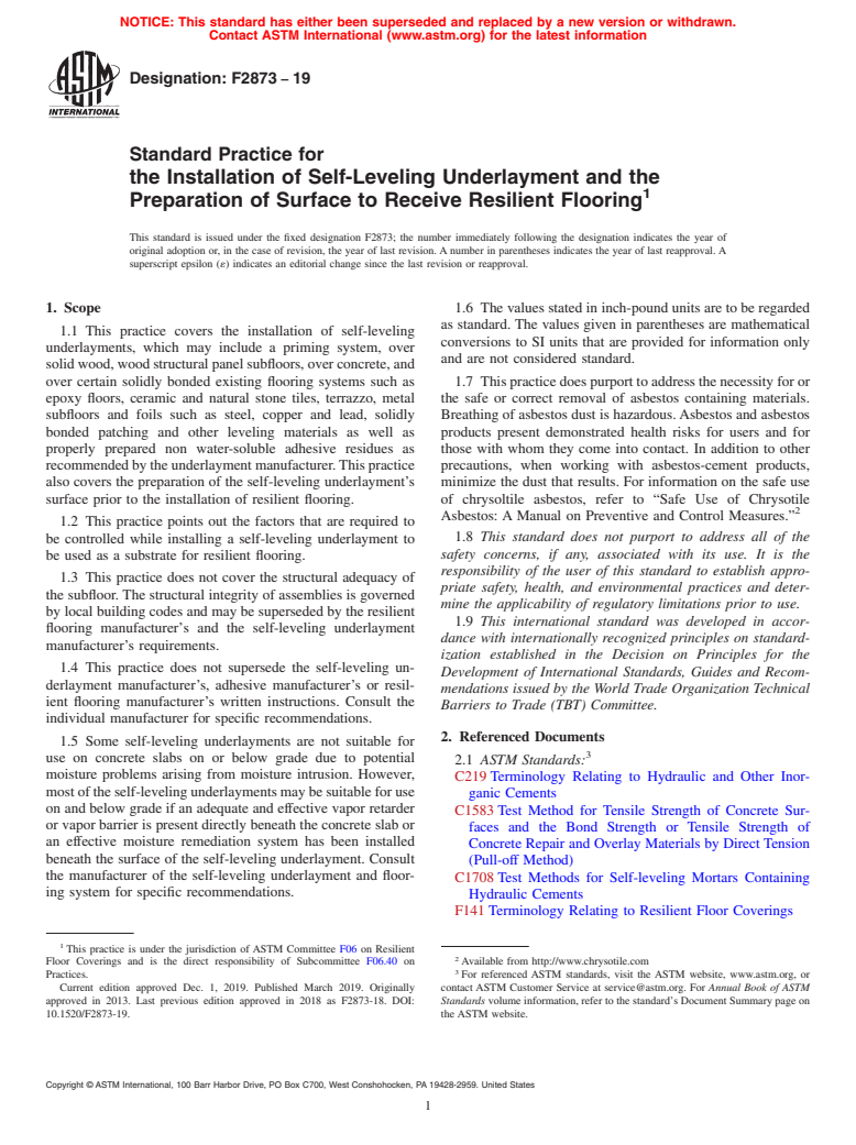 ASTM F2873-19 - Standard Practice for the Installation of Self-Leveling Underlayment and the Preparation  of Surface to Receive Resilient Flooring