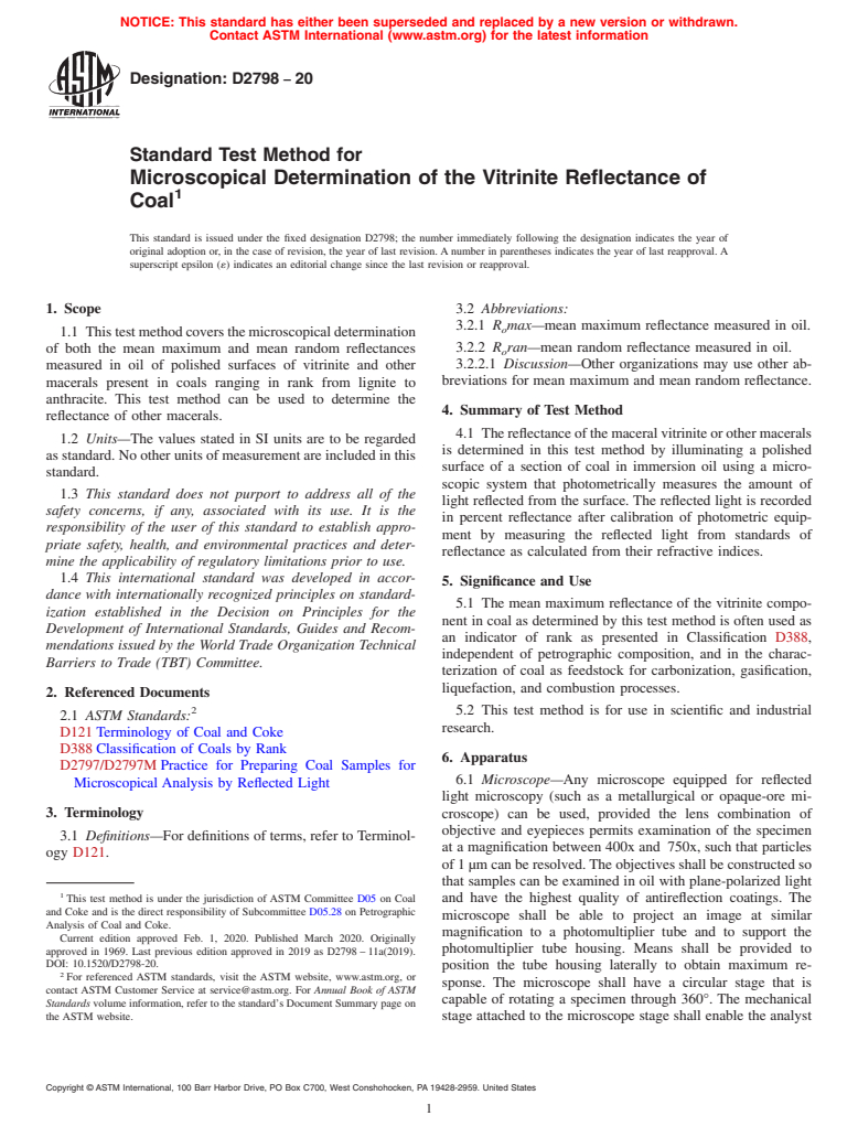 ASTM D2798-20 - Standard Test Method for  Microscopical Determination of the Vitrinite Reflectance of Coal