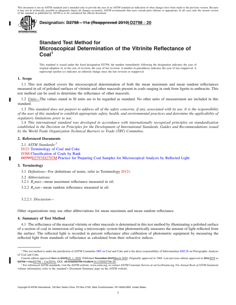 REDLINE ASTM D2798-20 - Standard Test Method for  Microscopical Determination of the Vitrinite Reflectance of Coal