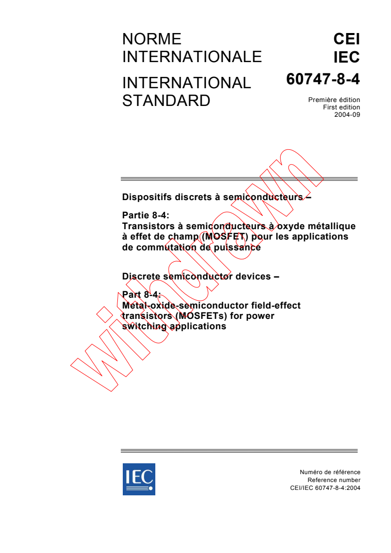 IEC 60747-8-4:2004 - Discrete semiconductor devices - Part 8-4: Metal-oxide-semiconductor field-effect transistors (MOSFETs) for power switching applications
Released:9/24/2004
Isbn:2831876281
