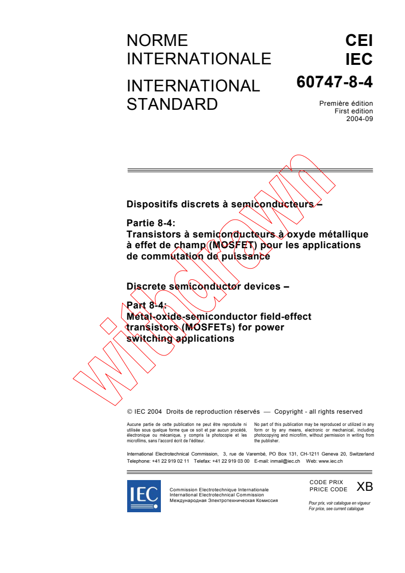 IEC 60747-8-4:2004 - Discrete semiconductor devices - Part 8-4: Metal-oxide-semiconductor field-effect transistors (MOSFETs) for power switching applications
Released:9/24/2004
Isbn:2831876281
