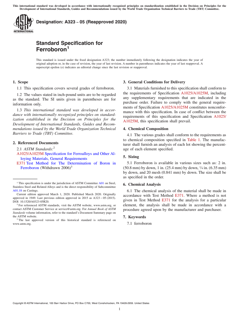 ASTM A323-05(2020) - Standard Specification for Ferroboron